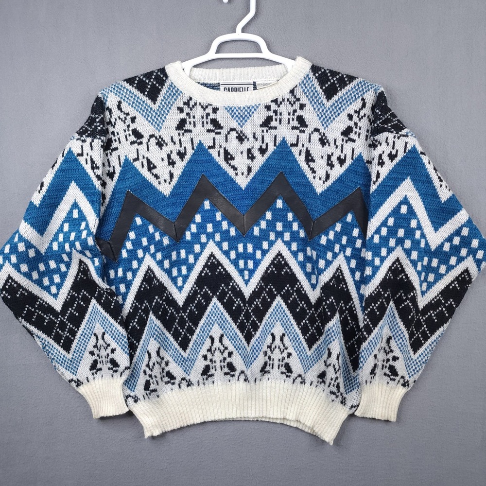 Gabrielle Vintage 80s Geometric Zig Zag Leather Trim‎ Knit Sweater Blue White L